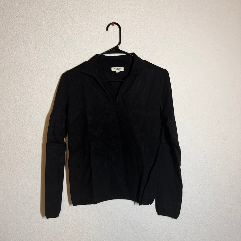 Max Studio London Womens Black Long Sleeve V-Neck Polo Collar Sweater Size‎ S